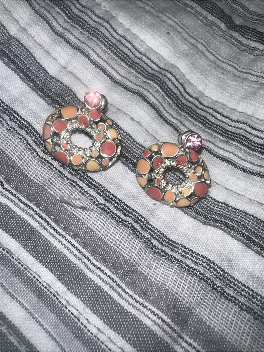 Peach & Pink Enamel Circle Drop Earrings with Pink Crystal Studs